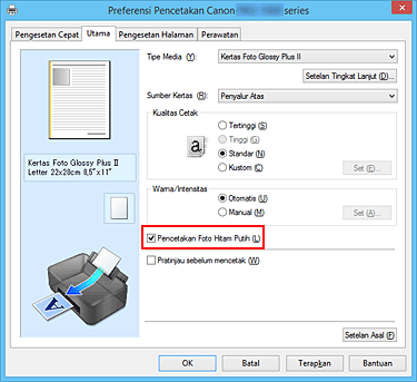 gambar: Kotak centang Pencetakan Foto Hitam Putih pada tab Utama