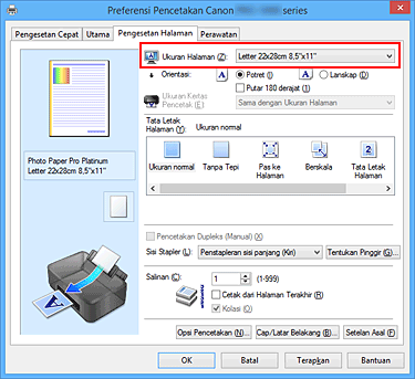 gambar: Ukuran Halaman pada tab Pengesetan Halaman
