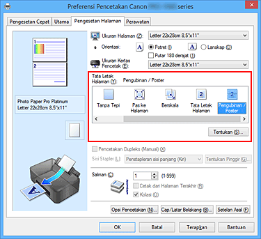 gambar: Pilih Pengubinan/Poster untuk Tata Letak Halaman pada tab Pengesetan Halaman