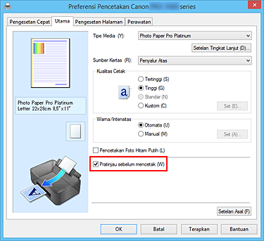 gambar: Kotak centang Pratinjau sebelum mencetak pada tab Utama