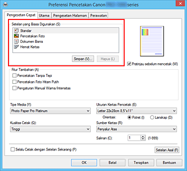 gambar: Setelan yang Biasa Digunakan dalam tab Pengesetan Cepat