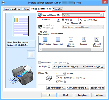 gambar: Pilih Kustom untuk Ukuran Halaman pada tab Pengesetan Halaman