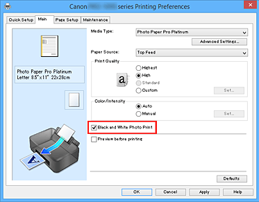 figure:Black and White Photo Print check box on the Main tab