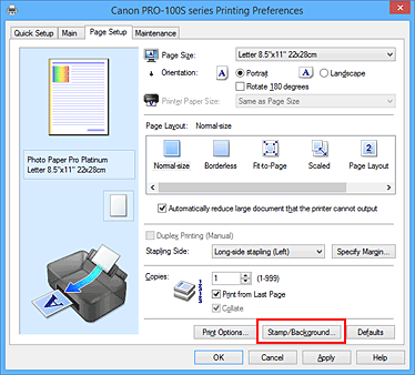 фигура: „Stamp/Background...” в раздела „Page Setup”