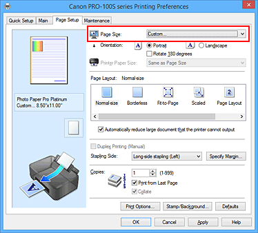 фигура: Избиране на Custom за „Page Size” в раздела „Page Setup”