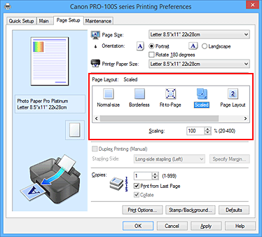 figura:Selectarea Scaled pentru Page Layout din fila Page Setup