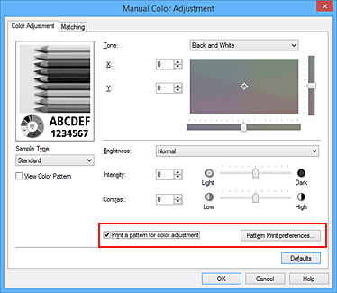 slika:Izberite možnost Print a pattern for color adjustment na kartici Color Adjustment
