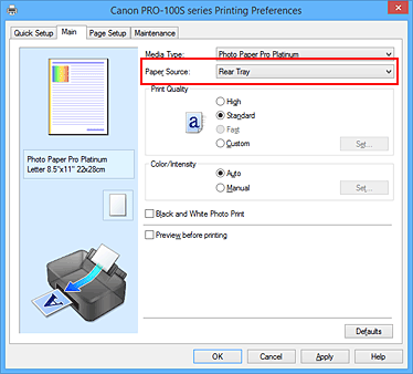 slika: možnost Paper Source na kartici Main