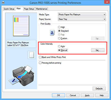 figure:Select Manual for Color/Intensity on the Main tab