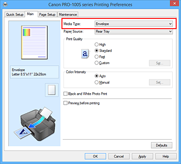 figure:Select Envelope from the Media Type list on the Main tab