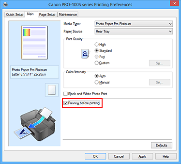 figure:Preview before printing check box on the Main tab