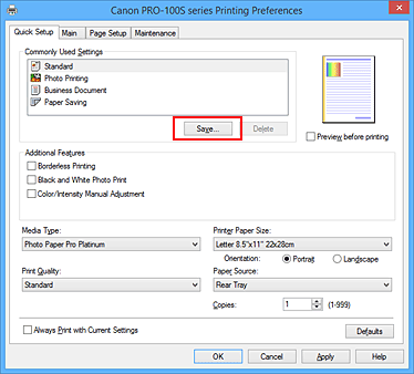 figure:Save... on the Quick Setup tab