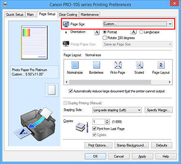 фигура: Избиране на Custom за „Page Size” в раздела „Page Setup”