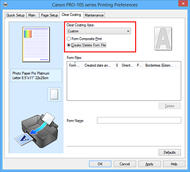 obrázek: výběr možnosti Uživatelskáv poli Oblast čirého inkoustu na kartě Čirý inkoust