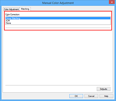 figure:Select Driver Matching for Color Correction in the Manual Color Adjustment dialog box