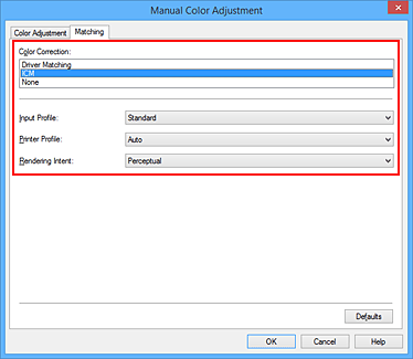 figure:Select ICM for Color Correction in the Manual Color Adjustment dialog box