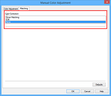 figure:Select None for Color Correction in the Manual Color Adjustment dialog box