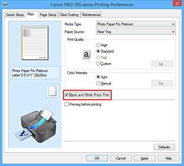 Imagen:casilla de verificación Impr. foto en blanco y negro de la ficha Principal