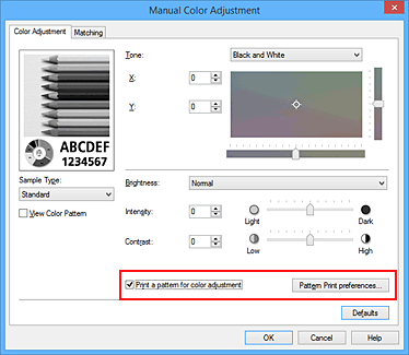 Imagen: Selección de Imprimir un patrón para el ajuste del color en la ficha Ajuste de color
