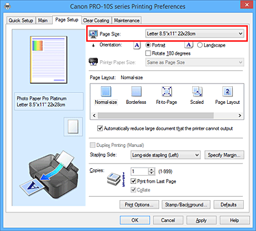 figura:Page Size din fila Page Setup