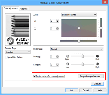 slika:Izberite možnost Print a pattern for color adjustment na kartici Color Adjustment