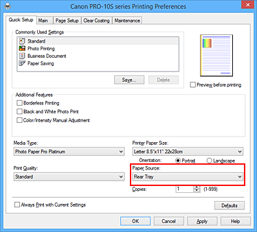 slika: možnost Paper Source na kartici Quick Setup