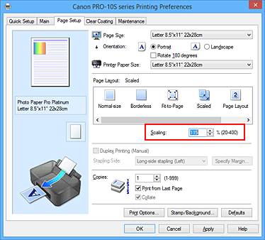 slika: možnost Scaling na kartici Page Setup