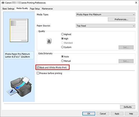 figure:Black and White Photo Print check box on the Media/Quality tab