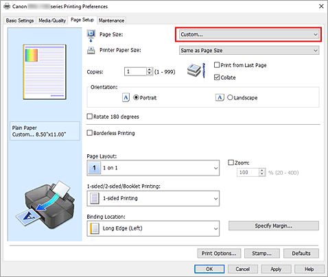 figure:Select Custom for Page Size on the Page Setup tab