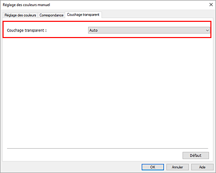 figure : Couchage transparent dans la boîte de dialogue Réglage des couleurs manuel