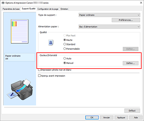 figure : Sélectionnez Manuel pour Couleur/Intensité dans l'onglet Support/Qualité