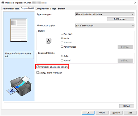 figure : Case à cocher Impression photo noir et blanc dans l'onglet Support/Qualité