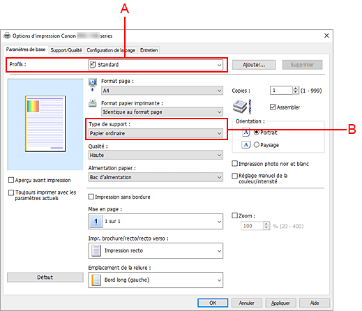 figure&nbsp;: Profils sur l'onglet Paramètres de base