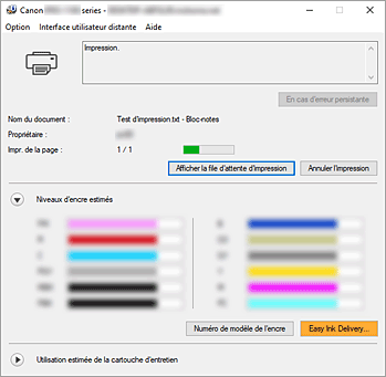 figure&nbsp;: Écran d'état d'imprimante Canon IJ