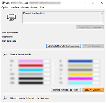 figure&nbsp;: Écran d'état d'imprimante Canon IJ