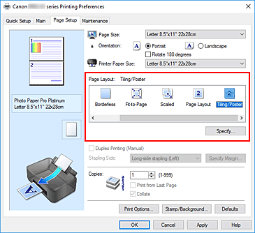 figure:Select Tiling/Poster for Page Layout on the Page Setup tab