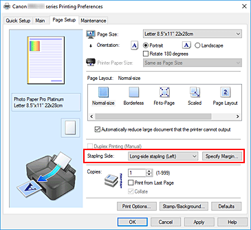 figure:Stapling Side on the Page Setup tab