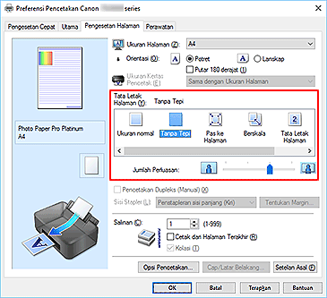 gambar: Pilih Tanpa Tepi untuk Tata Letak Halaman pada tab Pengesetan Halaman
