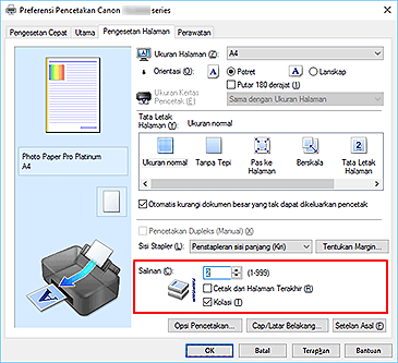 gambar: Salinan pada tab Pengesetan Halaman
