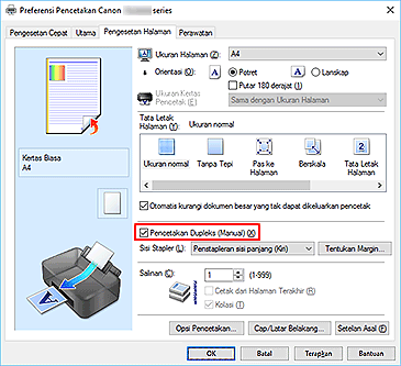 gambar: Kotak centang Pencetakan Dupleks (Manual) pada tab Pengesetan Halaman