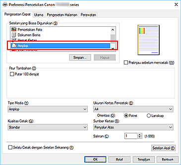 gambar: Pilih Amplop dari Setelan yang Biasa Digunakan dalam tab Pengesetan Cepat