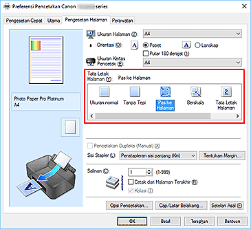 gambar: Pilih Pas ke Halaman untuk Tata Letak Halaman pada tab Pengesetan Halaman