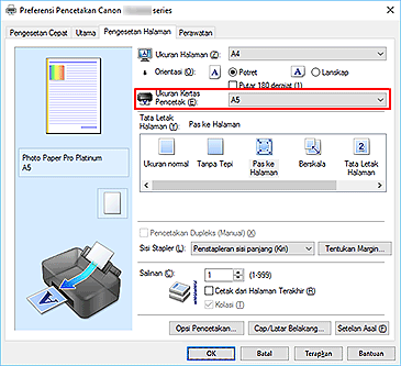 gambar: Ukuran Kertas Pencetak pada tab Pengesetan Halaman