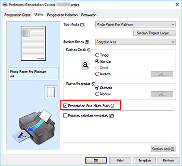 gambar: Kotak centang Pencetakan Foto Hitam Putih pada tab Utama