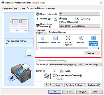 gambar: Pilih Tata Letak Halaman untuk Tata Letak Halaman pada tab Pengesetan Halaman