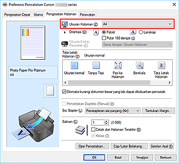 gambar: Ukuran Halaman pada tab Pengesetan Halaman