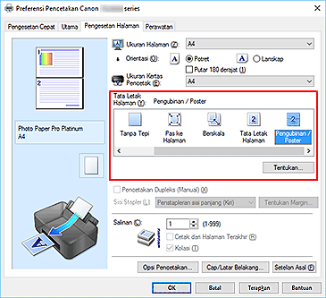 gambar: Pilih Pengubinan/Poster untuk Tata Letak Halaman pada tab Pengesetan Halaman