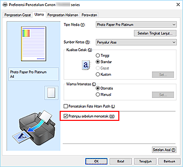 gambar: Kotak centang Pratinjau sebelum mencetak pada tab Utama