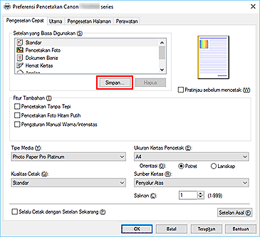 gambar: Simpan... pada tab Pengesetan Cepat