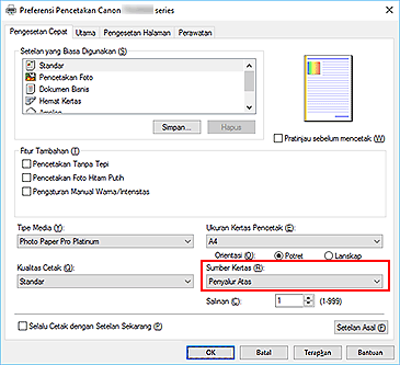 gambar: Sumber Kertas pada tab Pengesetan Cepat
